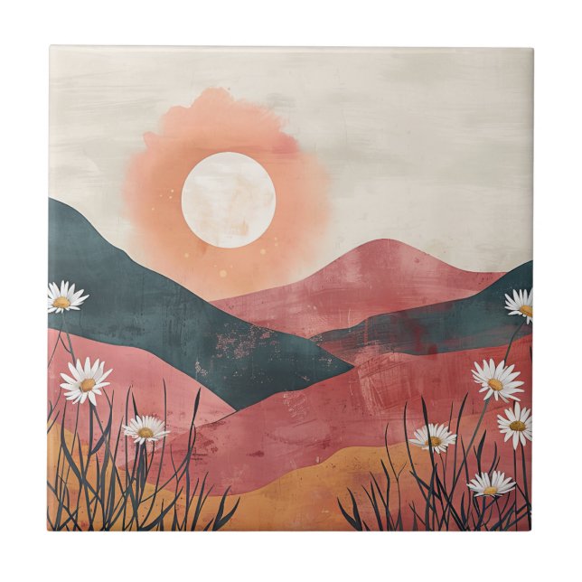 Boho Floral Mountain Sunset – Rustic Nature Tile (Front)