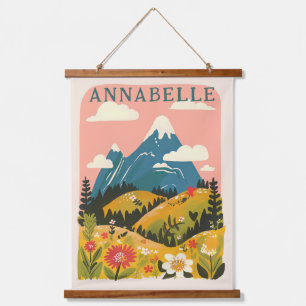 Boho Floral Mountains Illustration First Name Hanging Tapestry