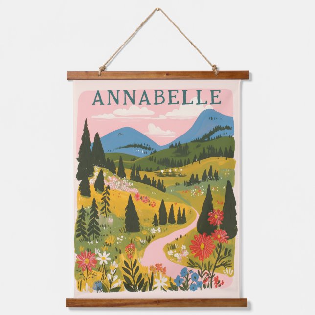 Boho Floral Mountains Illustration First Name Hanging Tapestry (Front)