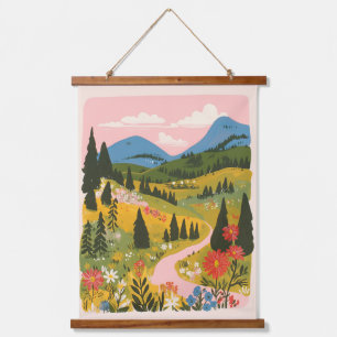 Boho Floral Mountains Landscape Illustration Hanging Tapestry