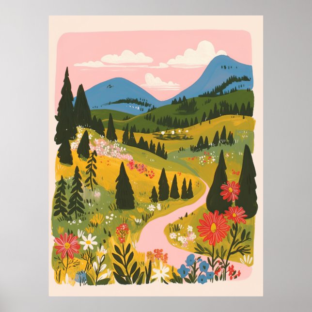 Boho Floral Mountains Landscape Illustration Poster (Front)