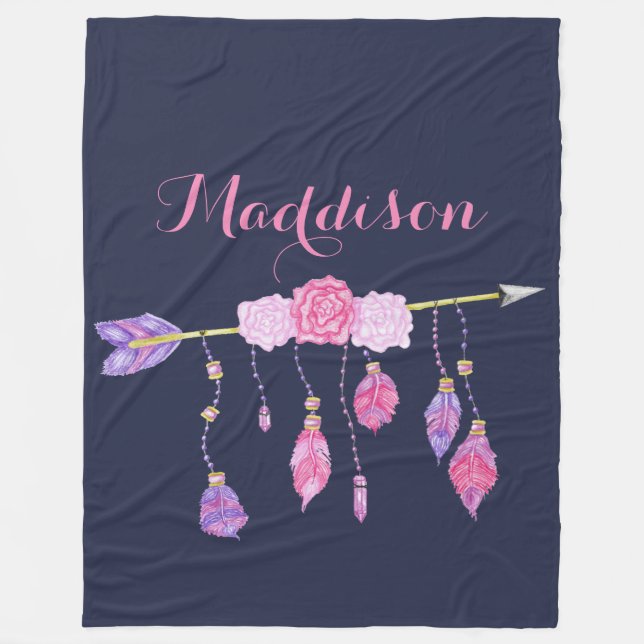 Boho Floral Navy Blue Fleece Blanket (Front)