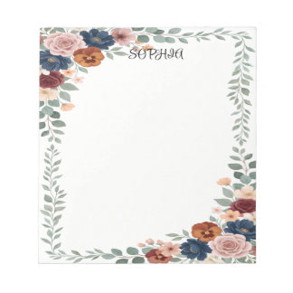 Boho Floral Navy Blue Personalised Name Notepad