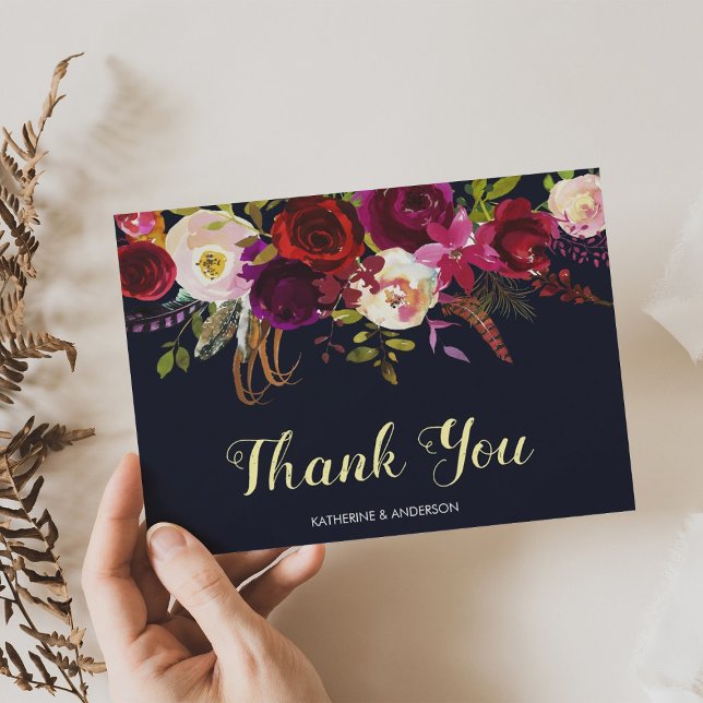 Boho Floral Navy Marsala Fall Wedding Thank You (Creator Uploaded)