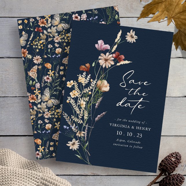 Boho Floral Navy Save The Date (Boho Wildflower Floral Navy Save The Date Butterflies on Back by Painted Paperie
)