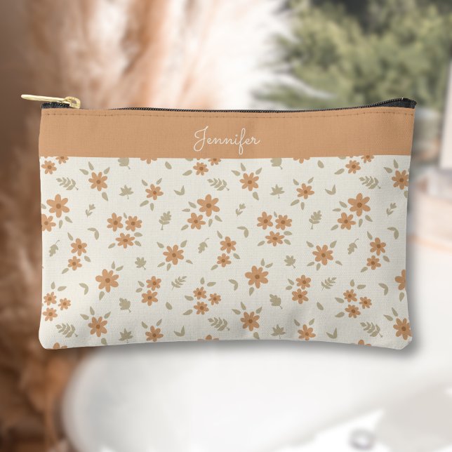 Boho Floral Neutral Ditsy Flower Print Name Beige Accessory Pouch (Creator Uploaded)
