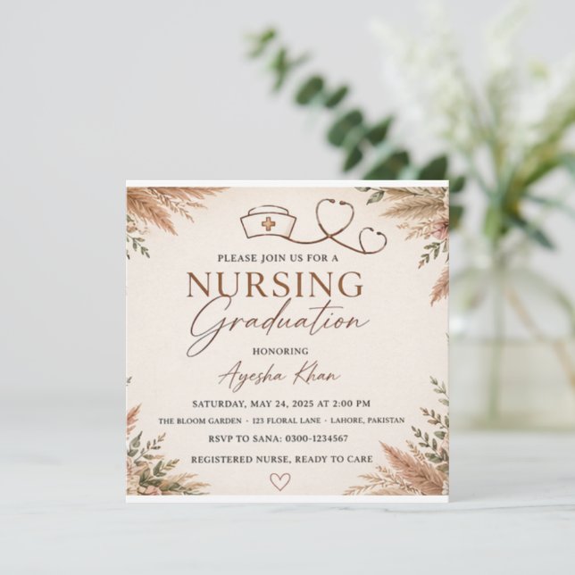 Boho Floral Nursing Graduation Invitation | Neutra (Standing Front)