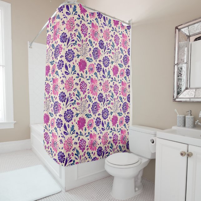 Boho Floral Ombre Pattern Purple Shower Curtain (In Situ)