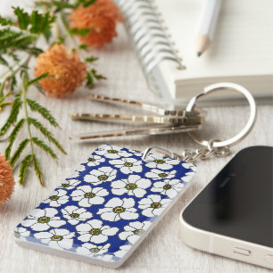 Boho Floral On Blue With Name Key Ring