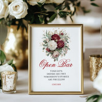 Boho Floral Open Bar Wedding Sign Burgundy