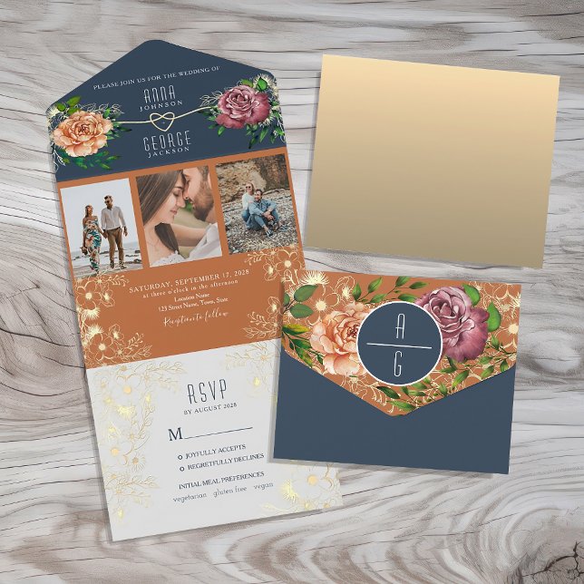 Boho Floral Orange and Navy Blue Wedding  All In One Invitation (Creator Uploaded)