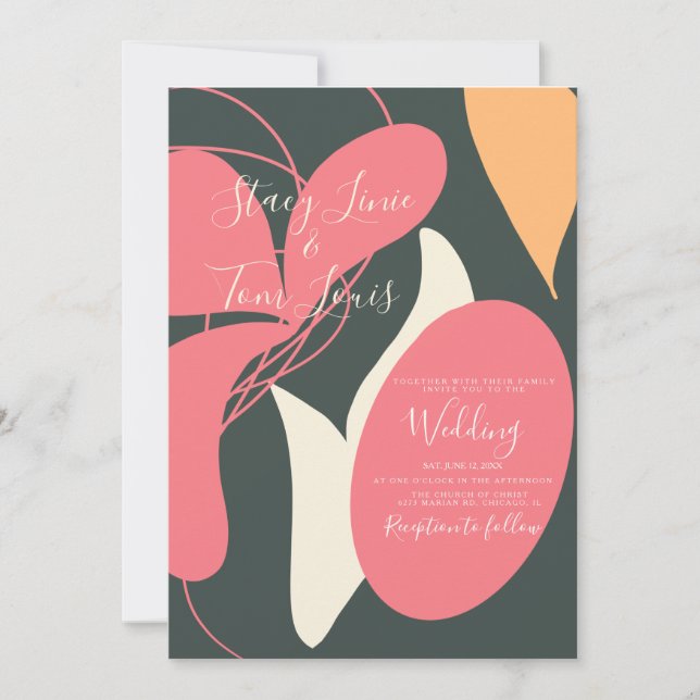 Boho Floral Organic Shapes Pink Orange Wedding Invitation (Front)