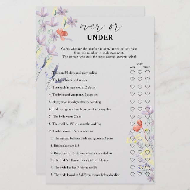 Boho Floral over or under bridal shower game (Front/Back)