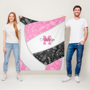 boho floral paisley feathers pink black volleyball fleece blanket