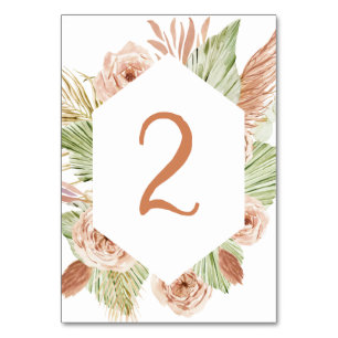 Boho Floral, Palm and Pampas terracotta wedding Ta Table Number