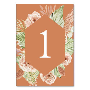 Boho Floral, Palm and Pampas terracotta wedding Ta Table Number