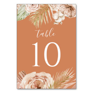 Boho Floral, Palm and Pampas terracotta wedding Table Number