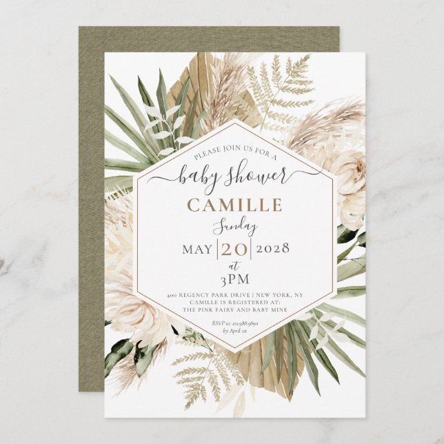 Boho Floral Palmetto Leaves eucalyptus Baby Shower Invitation (Front/Back)