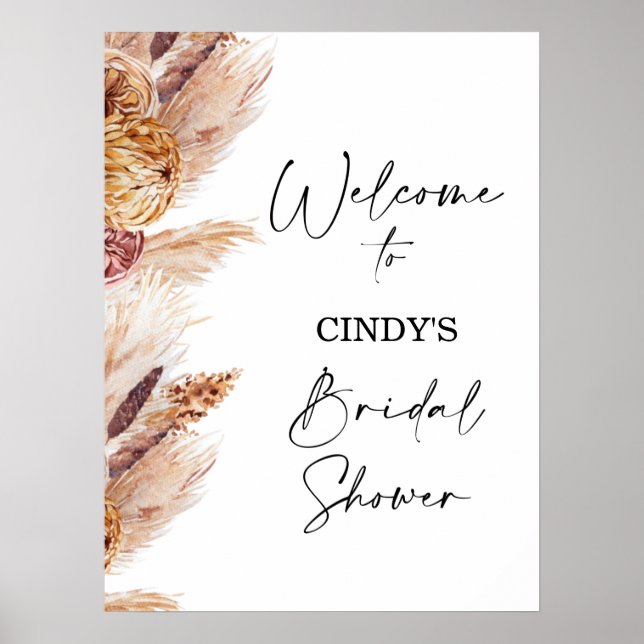 Boho Floral Pampas Bridal Shower Welcome Sign (Front)