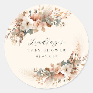 Boho Floral Pampas Grass Baby Shower Classic Round Sticker