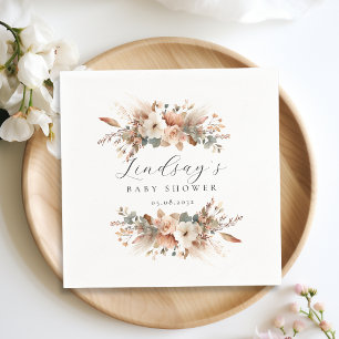 Boho Floral Pampas Grass Baby Shower Napkin