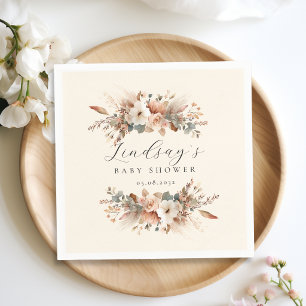 Boho Floral Pampas Grass Beige Baby Shower Napkin