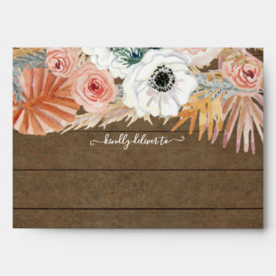 Boho Floral Pampas Grass Blush Rustic Wood Envelope