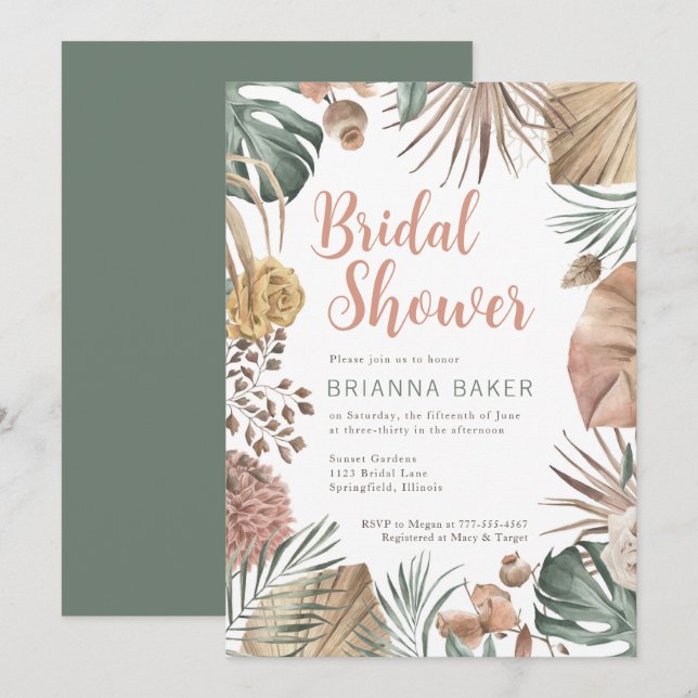 Boho Floral Pampas Grass Bridal Shower Invitation (Front/Back)
