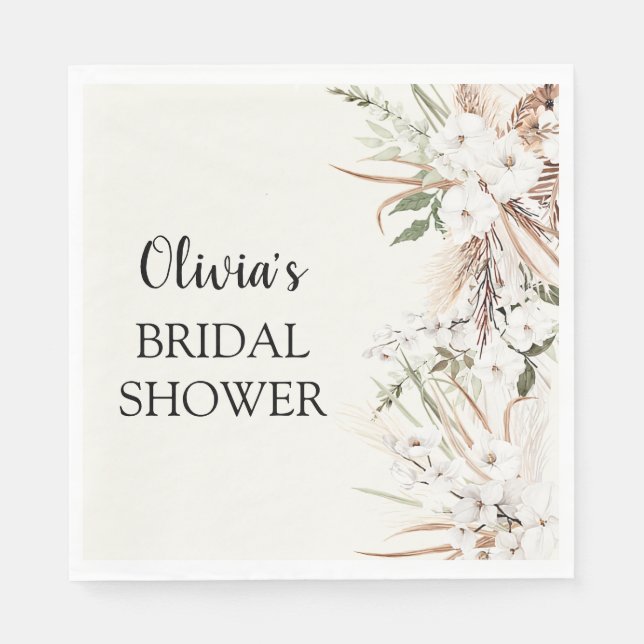 Boho Floral Pampas Grass  Bridal Shower Paper  Napkin (Front)