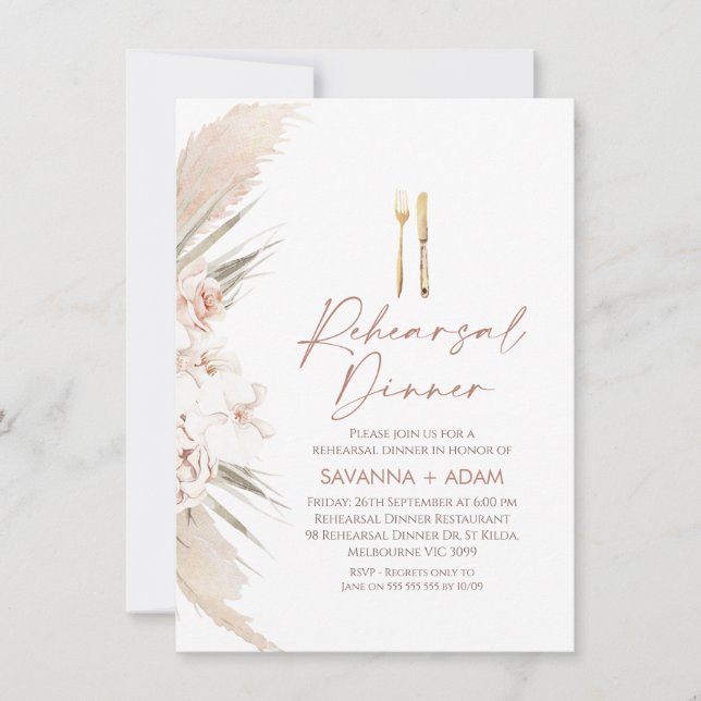 Boho Floral Pampas Grass Cutlery Rehearsal Dinner Invitation (Front)