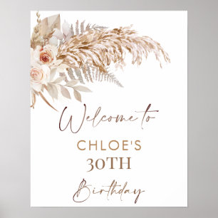 Boho Floral Pampas Grass Frame Birthday Welcome  Poster