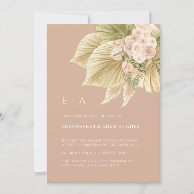 Boho Floral Pampas Grass Palm Dusty Pink Wedding Invitation (Front)