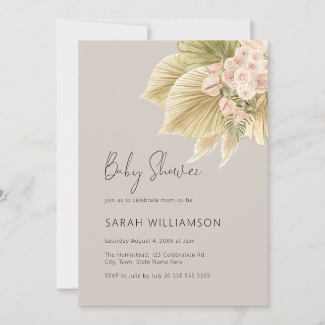 Boho Floral Pampas Grass Palm Natural Baby Shower Invitation (Front)