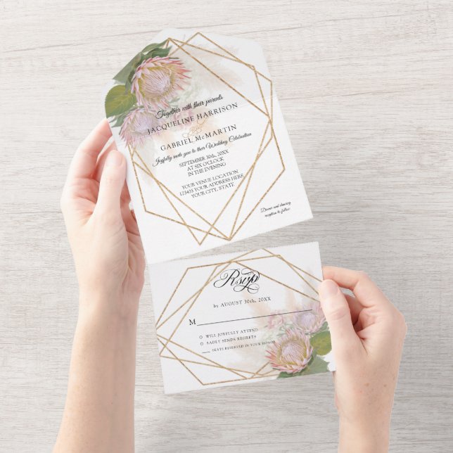 Boho Floral Pampas Grass Protea Geometric Gold All In One Invitation (Tearaway)