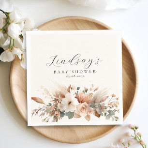 Boho Floral Pampas Grass Rose Beige Baby Shower Napkin