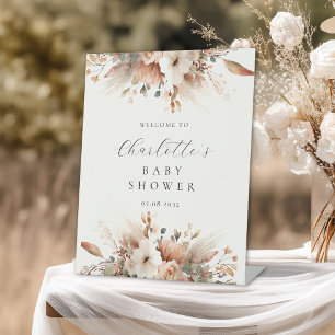 Boho Floral Pampas Grass Rose Welcome Pedestal Sign