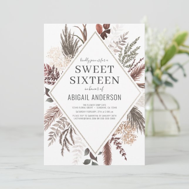 Boho Floral Pampas Grass Sweet Sixteen Birthday  Invitation (Standing Front)