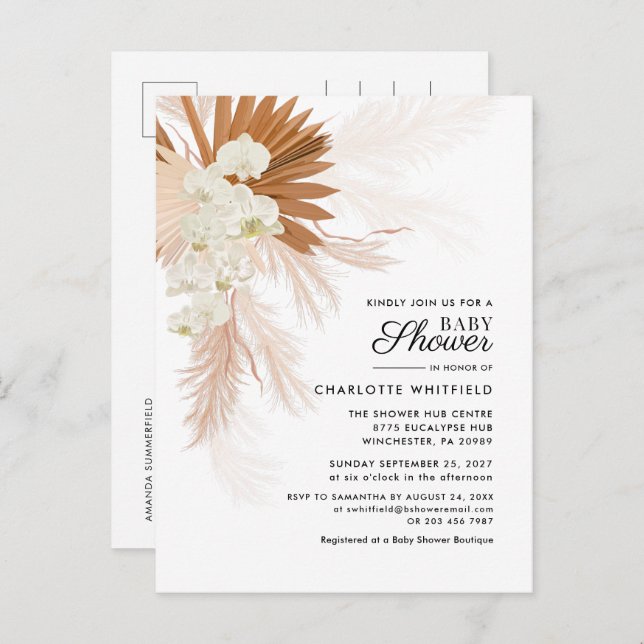 Boho Floral Pampas Grass Terracotta Baby Shower Invitation Postcard (Front/Back)