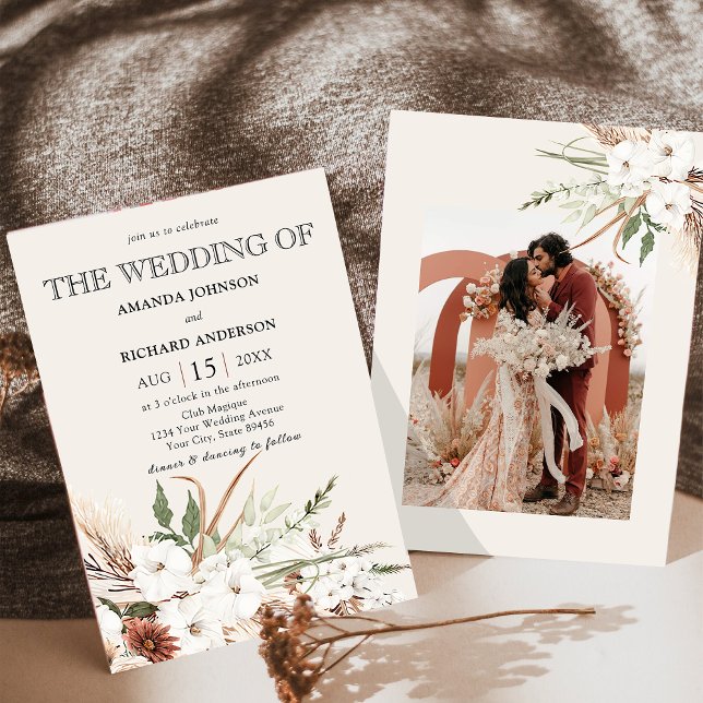 Boho Floral Pampas Grass Terracotta Photo Wedding Invitation (Creator Uploaded)