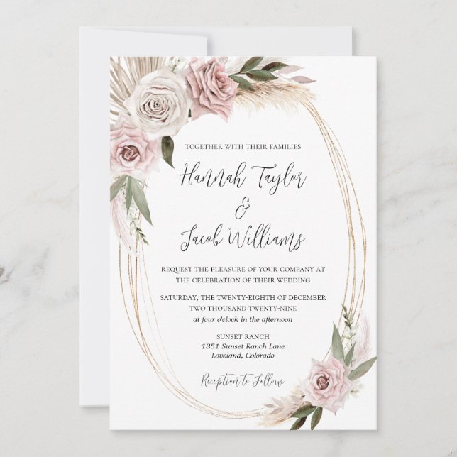 Boho Floral Pampas Grass Wedding Invitation (Front)