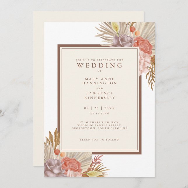 Boho Floral Pampas Grass Wedding Invitation (Front/Back)