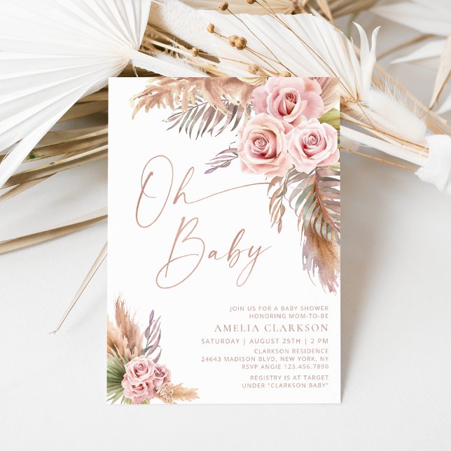 Boho Floral Pampas Rose Gold Baby Shower Invitation (Creator Uploaded)