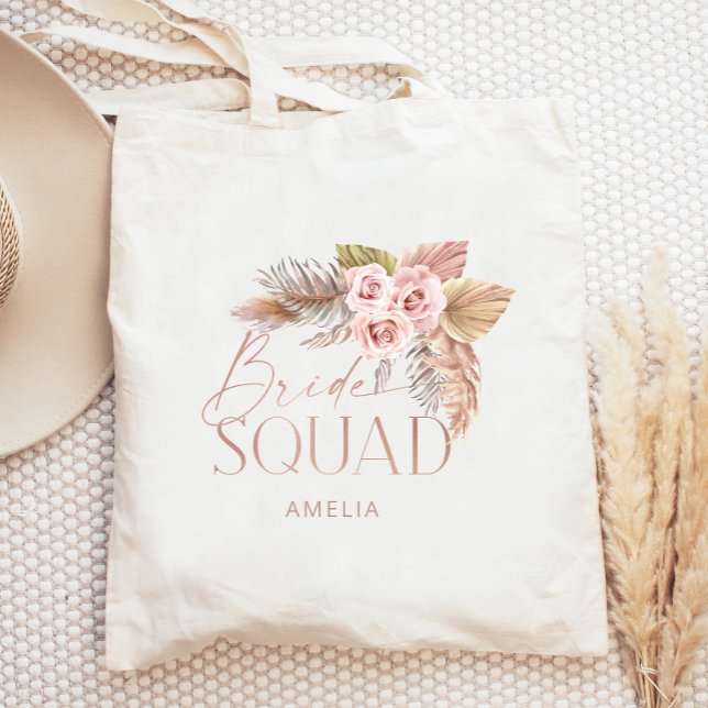 Boho Floral Pampas Rose Gold Bride Squad Tote Bag (Creator Uploaded)