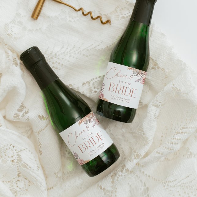 Boho Floral Pampas Rose Gold Cheers Mini Sparkling Wine Label (Creator Uploaded)
