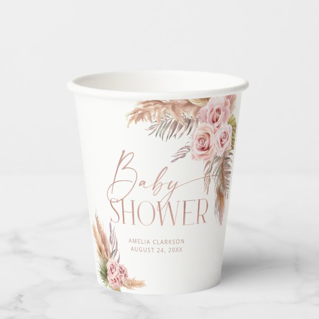 Boho Floral Pampas Rose Gold  Paper Cups (Front)