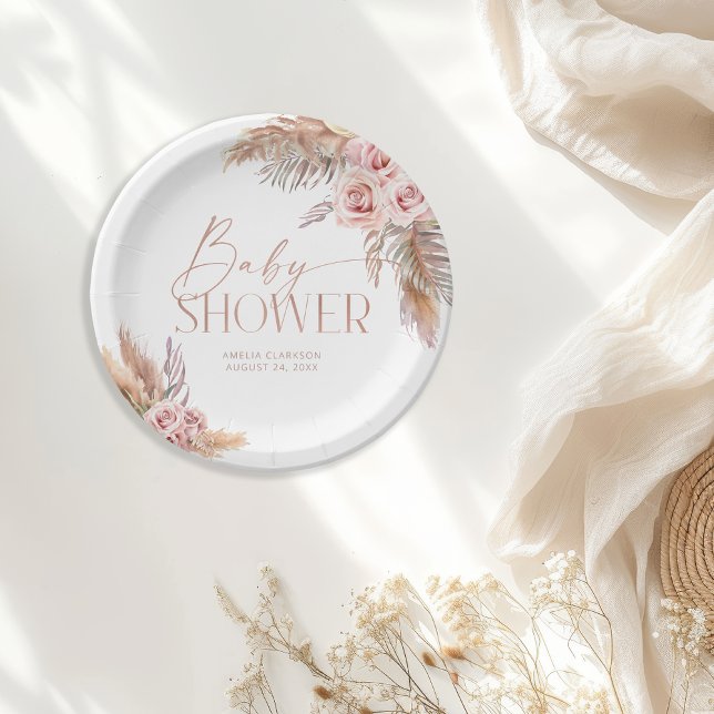 Boho Floral Pampas Rose Gold Paper Plates (Creator Uploaded)