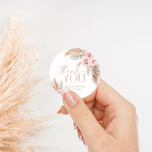 Boho Floral Pampas Rose Gold Thank You Classic Round Sticker