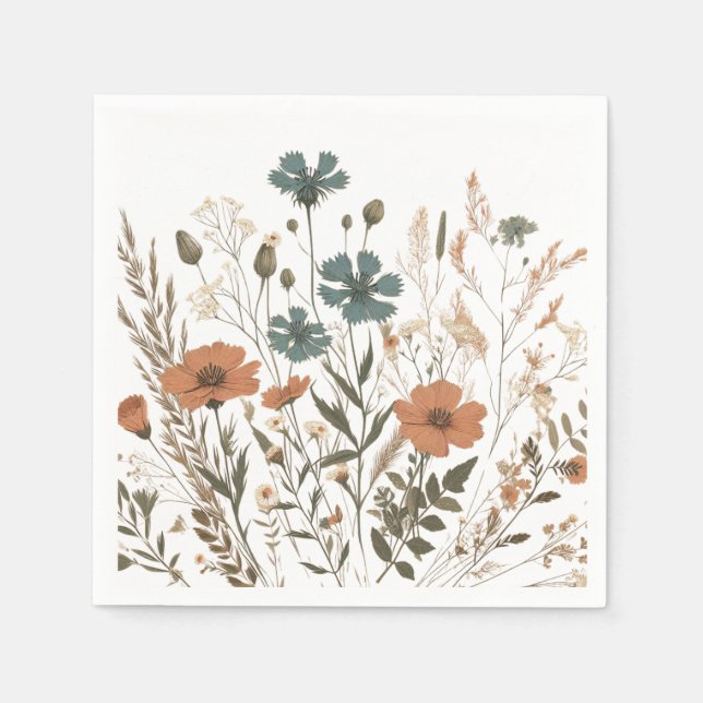 Boho floral paper party napkin, wildflowers napkin (Front)