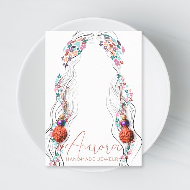 Boho Floral Pastel Wavy Hair Girl Drawing Earrings Business Card (Creator Uploaded)