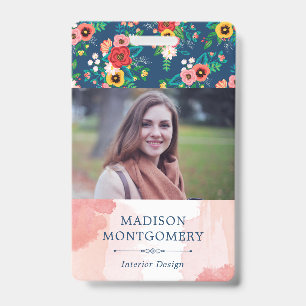Boho Floral Pattern & Blush Pink Watercolor Photo ID Badge